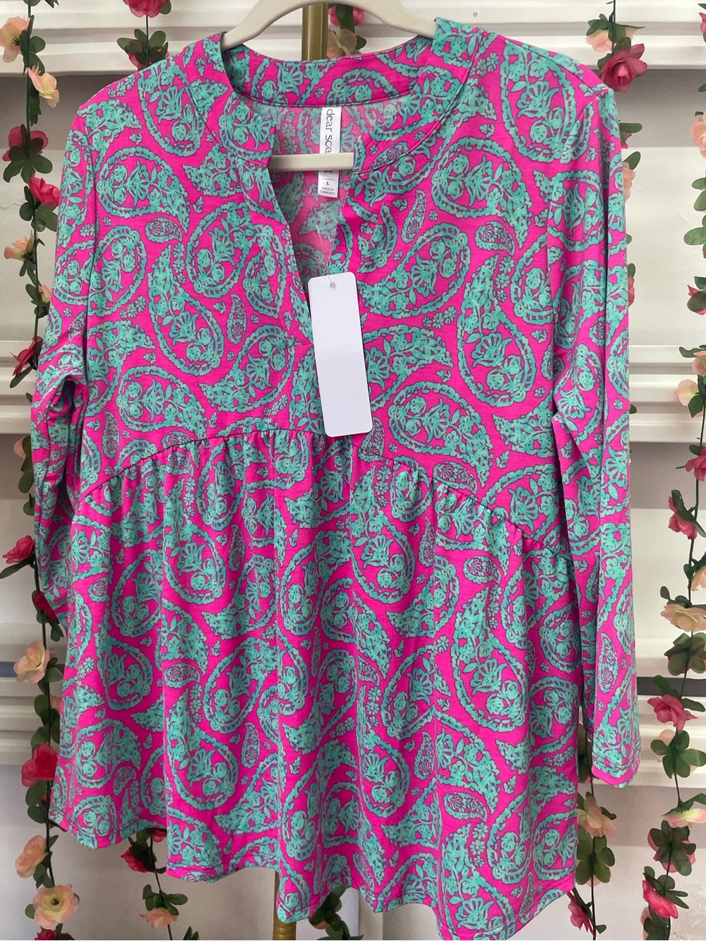 Dear Scarlett- Baby Doll 3/4 Sleeve Top- Emerald Pink - Picture 2 of 2